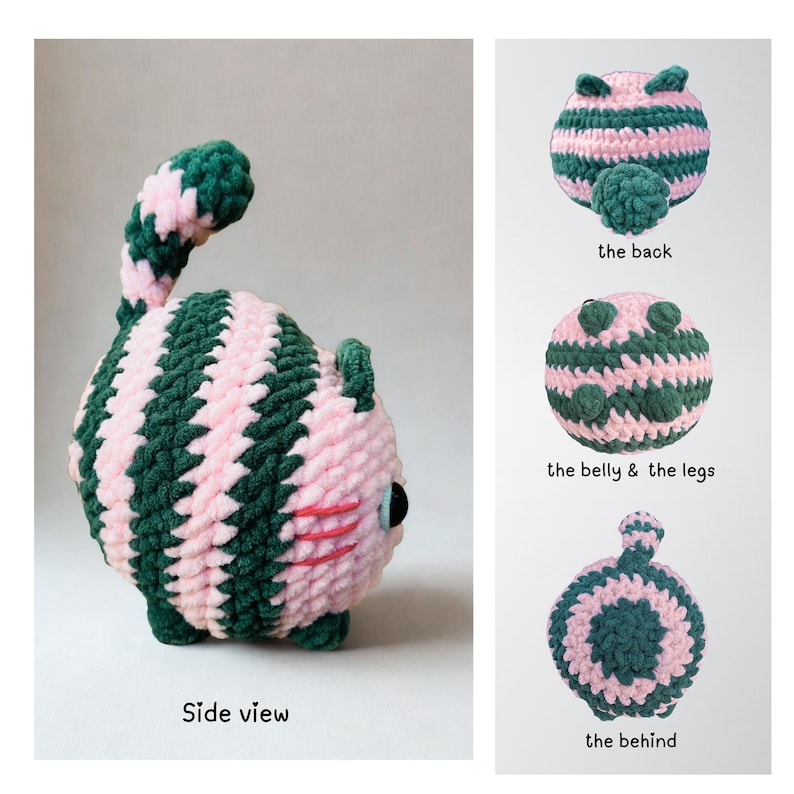 May include: A handmade crochet cat in pink and green stripes. The cat has a curved tail, small ears, and blue eyes. The image includes views of the back, belly, legs, and behind of the cat. The text "Side view" is visible.