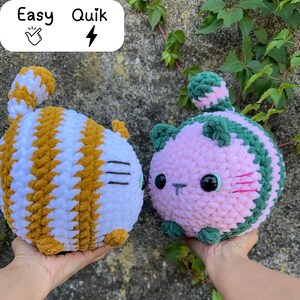 May include: Two handmade crochet cat plushies. One is white and gold striped, the other is pink and green striped. Both have black eyes and small noses. The image has the text "Easy Quik" in the top left corner.