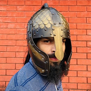Medieval Viking Warrior Helmet – Norse Style Scale Design Armor | Handcrafted Brass - Iron Replica for LARP, Cosplay & Decor