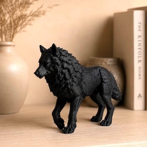 Figura de lobo negro | Estatua realista de lobo oscuro | Escultura de animal salvaje