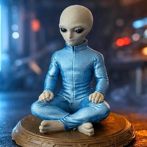 Könnte beinhalten: Eine kleine Figur eines grau häutigen Außerirdischen mit großen schwarzen Augen, der einen metallisch blauen Langarm-Anzug trägt. Die Figur sitzt in einer meditativen Haltung mit gekreuzten Beinen auf einem runden, bronzefarbenen Sockel.