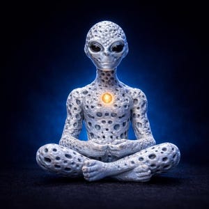 Könnte beinhalten: Eine silberfarbene außerirdische Figur in sitzender Meditationshaltung. Die Figur weist eine poröse, kraterartige Textur am gesamten Körper auf, große dunkle Augen und ein leuchtendes, kreisförmiges orangefarbenes Licht in der Brustmitte.