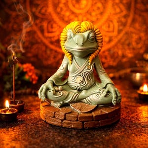 May include: A serene, green frog statue in a meditative pose, adorned with yellow hair, sits atop a brick-like base. The frog wears a detailed robe. Incense smoke curls around the statue, with candles and a decorative backdrop.