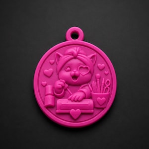 May include: A circular bright pink pendant featuring a raised relief design of a cat wearing a head towel and heart-shaped glasses. The cat is shown performing a manicure with nail polish and tools, surrounded by small heart icons and a loop.
