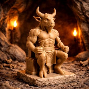 Può includere: Statuetta color beige di una figura umanoide muscolosa con testa di toro, seduta su un trono di pietra. La figura ha corna, barba e indossa un perizoma. Lo sfondo mostra un ambiente di grotta con illuminazione soffusa.