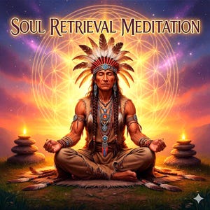 May include: Digital art of a Native American man meditating in a lotus position. He wears a feathered headdress and traditional clothing. The image has the text "SOUL RETRIEVAL MEDITATION" above the man. Two stacks of stones with candles flank him.