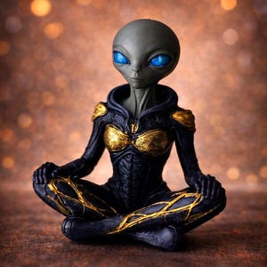 Op de afbeelding: Een grijze alien figuur met helderblauwe ogen, zittend in een meditatieve houding. De alien draagt een zwart en goudkleurig kostuum met ingewikkelde details. Het beeldje staat op een bruin oppervlak met een vage achtergrond.