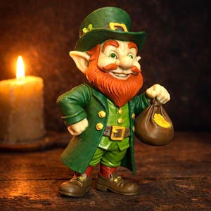 May include: A figurine of a smiling leprechaun wearing a green coat, hat, and pants, holding a brown bag of gold coins. The leprechaun has a red beard and is standing on a wooden surface. A lit candle is in the background.