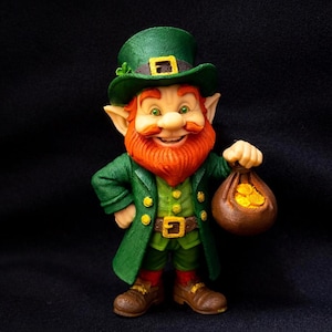 May include: A figurine of a leprechaun, dressed in a green coat, hat, and pants, with a red beard and a brown bag of gold coins. The leprechaun is smiling and has a gold buckle on his belt and hat. The background is black.