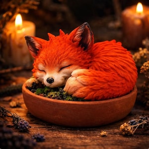 Könnte beinhalten: Eine kleine Fuchsfigur mit orangefarbenem Fell, die zusammengerollt in einer runden, braunen Schale in Terrakotta-Optik schläft. Der Fuchs hat dunkel gefärbte Ohrspitzen, eine schwarze Nase und liegt auf einem Bett aus grünem Moos.