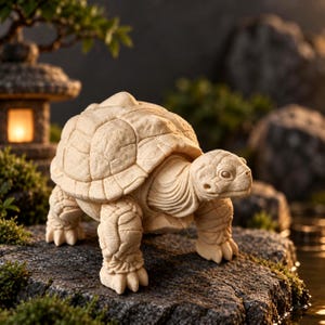 Op de afbeelding: Een lichtbeige uitgesneden houten schildpadfiguur met een gedetailleerd getextureerd schild en geschubde huid op de poten en nek. Het beeldje staat op een donker, onregelmatig rotsoppervlak en toont fijn vakmanschap en een natuurlijke houtnerf.