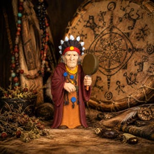 Può includere: Una statuetta di una persona anziana che indossa una tunica rossa e gialla, una collana di perline gialle e un copricapo con piume bianche. La figura tiene in mano un piccolo tamburo a mano rotondo e marrone. L'abbigliamento include una fascia rossa.