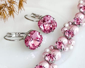 Pink Swarovski Pearl Jewellery Set – Silver Bracelet & Drop Earrings | Elegant Gift for Her | Romantic Bridesmaid Jewellery