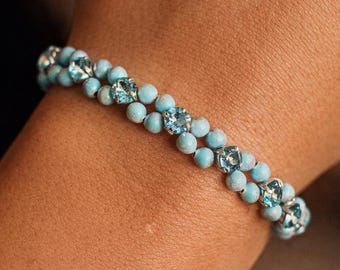 Iridescent Blue Austrian Crystal Bracelet | Handmade Silver Minimalist Jewellery | Elegant Gift for Her | Blue Statement Bracelet