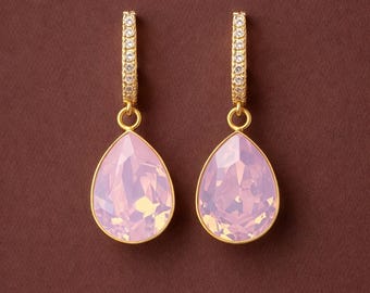 Rose Opal Pear Lux Earrings in 925 Sterling Silver with 18K Gold Plating – Classic English Lock Drop Earrings, Elegant Gift for Her