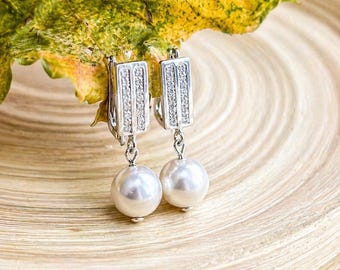 10mm Pearl Dangle Earrings, Sterling Silver Clasp, Simple Elegant Jewelry, Wedding Gift for Her