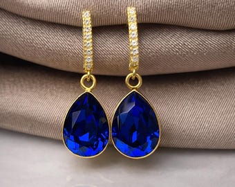 Royal Blue Pear Lux Earrings in 925 Sterling Silver with 18K Gold Plating – Classic English Lock Drop Earrings, Elegant Gift for Her