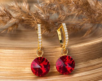 Colorful Crystal Leverback Earrings 8mm 925 Sterling Silver 18K Gold Plated, Red, Peach, Black, White, Green, Elegant Jewelry