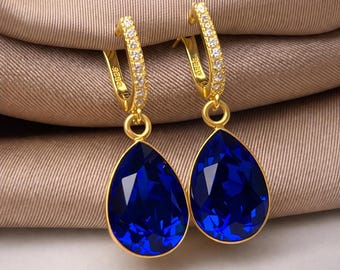 Royal Blue Pear Lux Earrings in 925 Sterling Silver with 18K Gold Plating – Classic English Lock Drop Earrings, Elegant Gift for Her