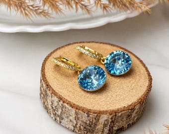 Blue Austrian Crystal Drop Earrings 12mm Round, 925 Sterling Silver 18K Gold Plated Leverback, Elegant Minimalist Jewelry, Gift for Her