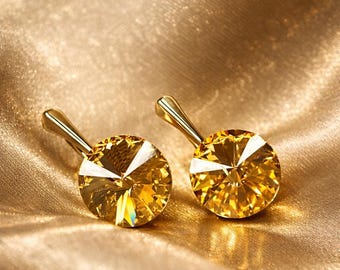Golden Crystal  Rivoli Earrings, Elegant Silver Drop Earrings, Sparkling Aurora Borealis Crystal Jewelry
