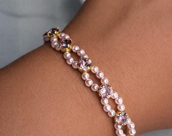 Crystal Pearl Bracelet | 18K Gold Plated Sterling Silver Clasp | Handmade Jewellery Gift for Her | embellished with Swarovski® Crystals
