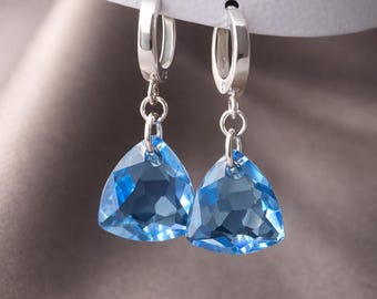Handmade 925 Sterling Silver Trilliant Cut Light Sapphire Crystal Drop Earrings | Gold Plated, Tarnish-Resistant Jewelry