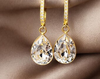 18K Gold Plated Sterling Silver Pear Drop Earrings, Austrian Crystal, English Lock Closure