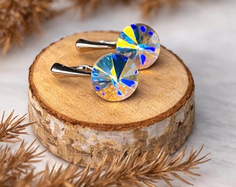 Blue Crystal AB Rivoli Earrings, Elegant Silver Drop Earrings, Sparkling Aurora Borealis Crystal Jewelry