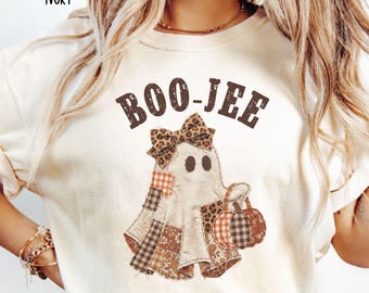 Boojee Ghost Shirt Faux Patchwork Comfort Colors Tee Spooky Season Leopard Tshirt Coquette Halloween Ghost Shirts Women Trendy Fall Gifts