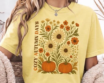 Comfort Colors Autumn Floral Pumpkin Shirt Cute Fall Shirts Women Boho Fall Floral Cozy Autumn Day Botanical Fall Outfit Fall Graphic Tee