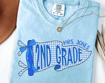 Comfort Colors 2nd Grade Teacher Shirt Custom Teacher Last Name Tee Preppy Back To School Gift Pennant Flag Bow 2nd Team Crew Squad Apparel