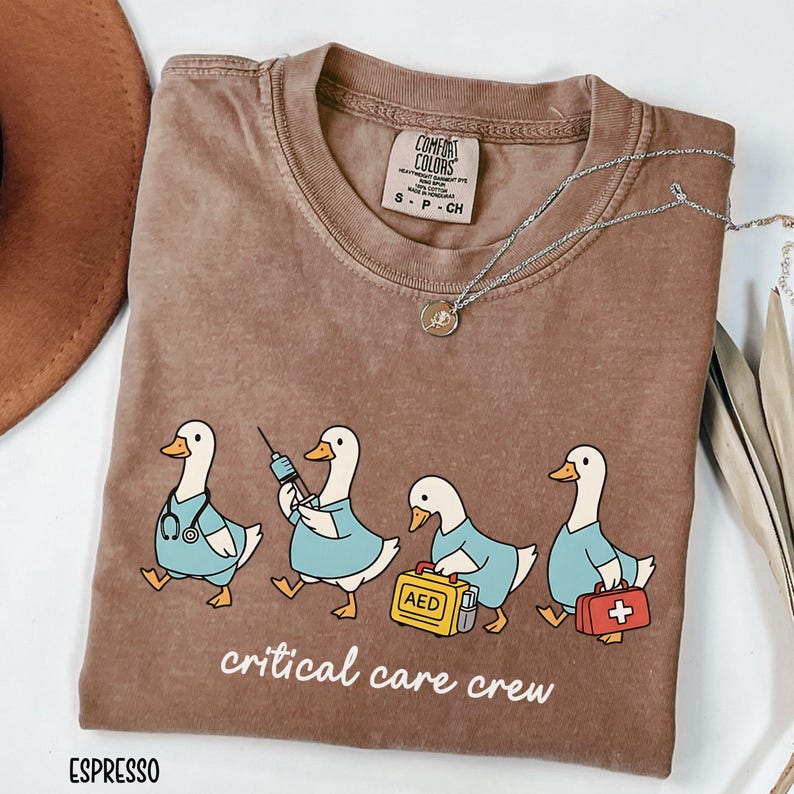 A "Espresso" Comfort Colors t-shirt featuring four cartoon geese dressed as an ICU medical team, with the text "critical care crew" printed below.