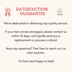 Satisfaction guarantee graphic, promising a replacement or refund for any items that arrive damaged within 14 days.