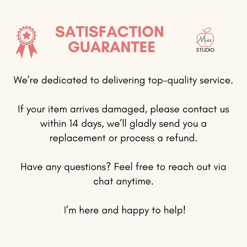 Satisfaction guarantee graphic, promising a replacement or refund for any items that arrive damaged within 14 days.