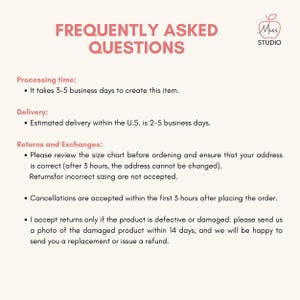 A Frequently Asked Questions (FAQ) infographic covering processing time (3-5 business days), estimated U.S. delivery (2-5 business days), and returns/exchanges policy. It specifies checking the size chart and address, no returns for incorrect sizing, cancellations within 3 hours, and returns for defective/damaged products within 14 days.