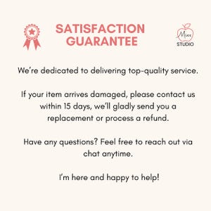 Satisfaction guarantee graphic, promising a replacement or refund for any items that arrive damaged within 14 days.