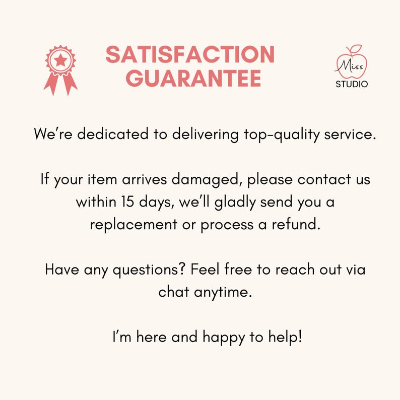 Satisfaction guarantee graphic, promising a replacement or refund for any items that arrive damaged within 14 days.