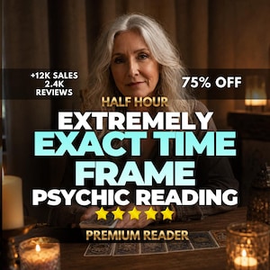 May include: A psychic reading service advertisement featuring text that reads: +12K SALES 2.4K REVIEWS, 75% OFF, HALF HOUR, EXTREMELY EXACT TIME FRAME PSYCHIC READING, PREMIUM READER, and five yellow stars. The image shows a person with long gray hair.
