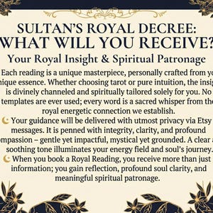 May include: An Etsy listing image with the text "SULTAN'S ROYAL DECREE: WHAT WILL YOU RECEIVE?" and "Your Royal Insight & Spiritual Patronage". The text describes a unique, personalized spiritual reading, delivered privately via Etsy messages.