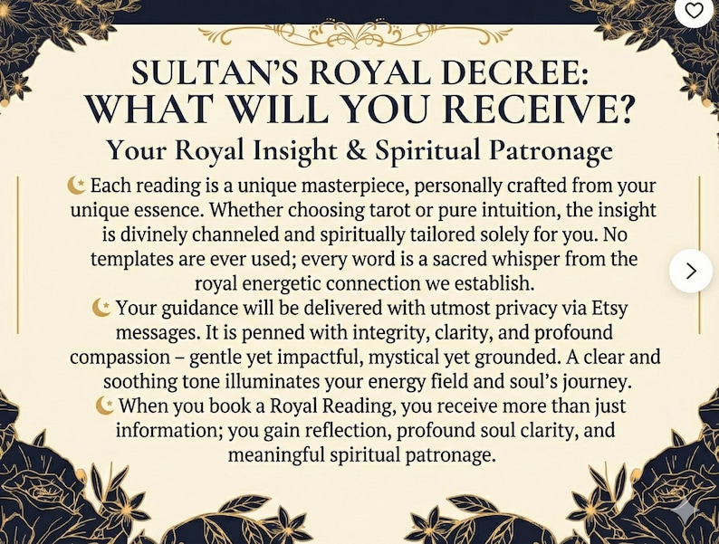 May include: An Etsy listing image with the text "SULTAN'S ROYAL DECREE: WHAT WILL YOU RECEIVE?" and "Your Royal Insight & Spiritual Patronage". The text describes a unique, personalized spiritual reading, delivered privately via Etsy messages.