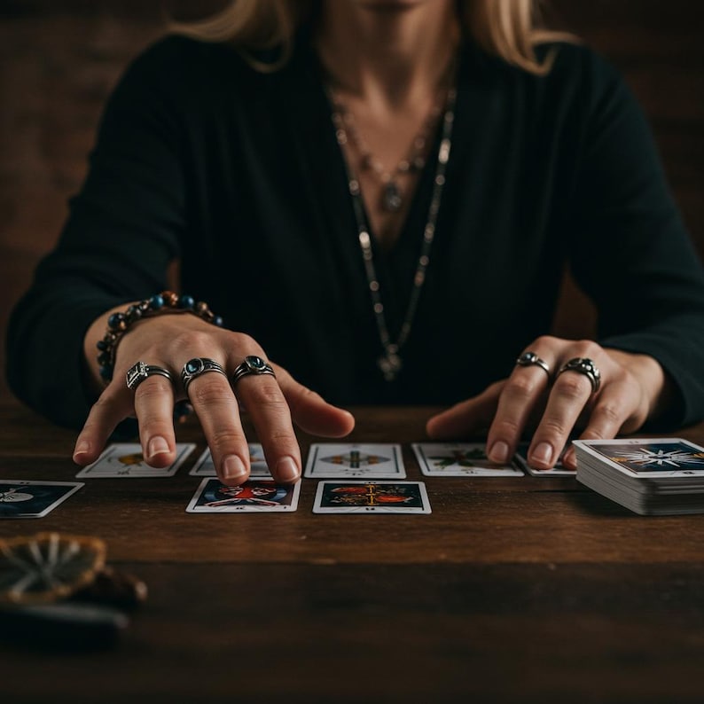 May include: A person's hands, adorned with rings and bracelets, are placed over tarot cards on a wooden table. The person wears a black top and necklaces. The cards are arranged in a spread, with a deck nearby.