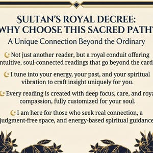 May include: A poster in cream and gold tones, featuring the text "Sultan's Royal Decree: Why Choose This Sacred Path?" The text describes a unique spiritual connection and intuitive readings.