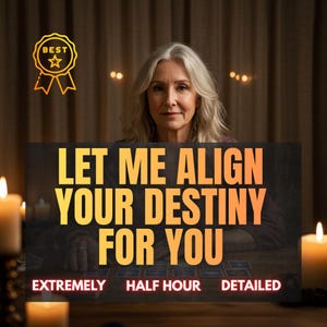 Puede incluir: Imagen de una mujer con cabello gris sosteniendo un letrero que dice "LET ME ALIGN YOUR DESTINY FOR YOU". El letrero también incluye las palabras "EXTREMELY", "HALF HOUR" y "DETAILED". Una insignia dorada "BEST" está en la esquina superior izquierda.