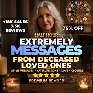 Puede incluir: Un anuncio digital con una persona de cabello gris largo detrás de una mesa con velas y cartas de tarot. El texto incluye +18K SALES, 3.5K REVIEWS, 75% OFF, HALF HOUR EXTREMELY MESSAGES FROM DECEASED LOVED ONES, SPIRIT MESSAGES, AFTERLIFE SIGNS, LOVE, CLOSURE, PREMIUM READER y cinco estrellas amarillas.