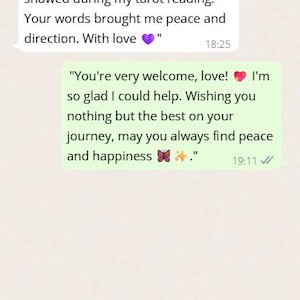 May include: Screenshot of a mobile phone screen displaying a chat conversation. The text includes messages about a tarot reading, with the sender named Zoey. The conversation includes the time stamps and emojis.