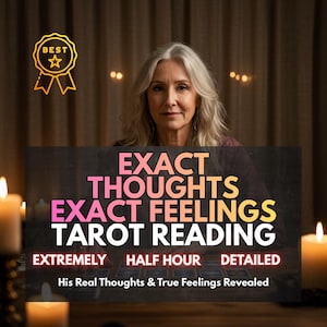 以下が含まれることがあります： タロットリーディングサービスを宣伝する画像。「EXACT THOUGHTS EXACT FEELINGS TAROT READING」というテキストが看板に表示され、その下に「EXTREMELY」、「HALF HOUR」、「DETAILED」という言葉があります。背景には、灰色の髪の女性がいます。