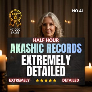 Può includere: Una donna tiene in mano un cartello con la scritta "HALF HOUR AKASHIC RECORDS EXTREMELY DETAILED". Il cartello include anche le parole "EXTREMELY" e "DETAILED" con cinque stelle. Un distintivo d'oro recita "BEST" e "+7.000 SALES". Sono visibili anche le parole "NO AI".