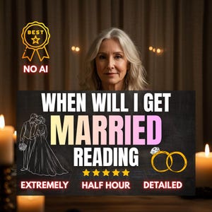 May include: A woman with grey hair is positioned behind a sign that reads "WHEN WILL I GET MARRIED READING". The sign features illustrations of a couple, wedding rings, and stars. The words "EXTREMELY", "HALF HOUR", and "DETAILED" are also visible.