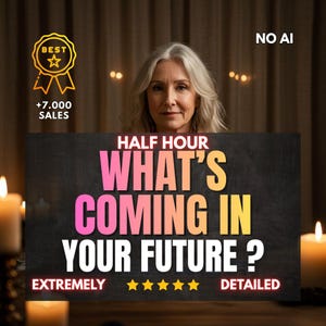 Op de afbeelding: Een vrouw houdt een bord vast met de tekst "WHAT'S COMING IN YOUR FUTURE?" in roze en geel. Het bord bevat ook de woorden "HALF HOUR", "EXTREMELY" en "DETAILED". Een gouden badge leest "BEST" en "+7.000 SALES".